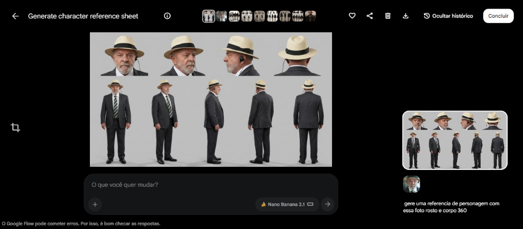 Google Flow gerando prancha de personagem 360 graus com Nano Banana 2.1