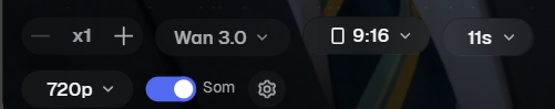 Barra de configurações do Magnific: x1, Wan 3.0, 9:16, 11s, 720p, Som ligado